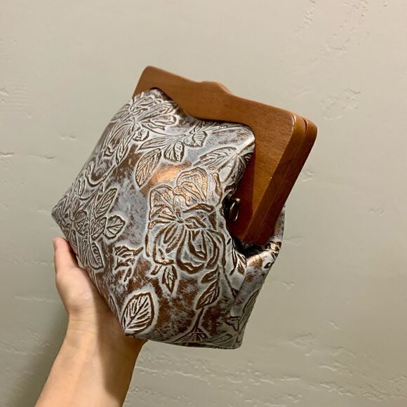 Handmade Genuine Cowhide Floral Embossed, Wooden Frame Bag & 2 Strap Styles - Picture 12 of 16